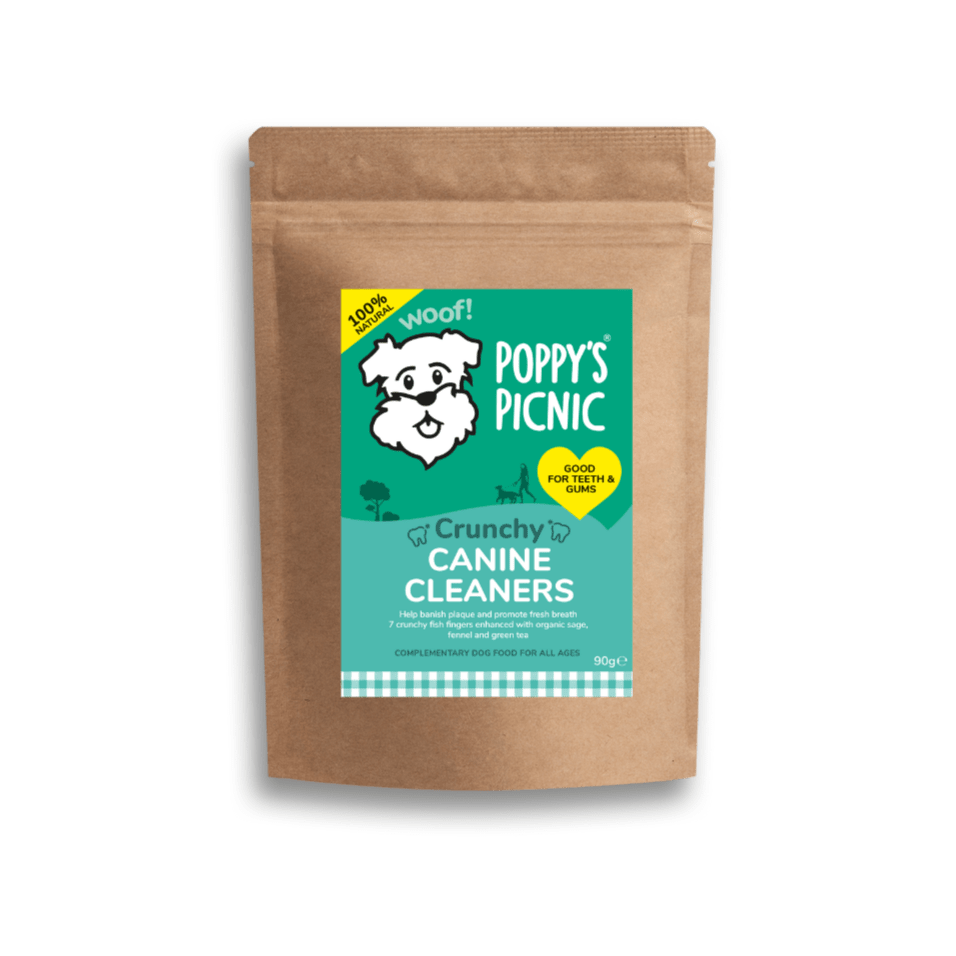 Poppy's Picnic CANINE CLEANERS make teeth cleaning a doddle.   Made from sustainably sourced whitefish skins, these crunchy sticks are full of essential omegas 3, 6 and 9, formed into the perfect shape, your dog's very own toothbrush