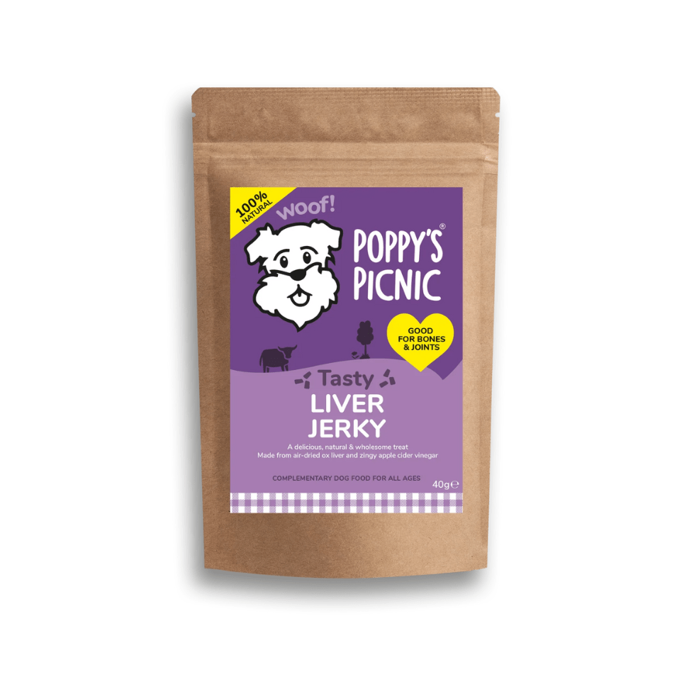 Tasty Liver Jerky Treats Made with 100% British air dried ox liver and zingy apple cider vinegar by Poppy's Picnic